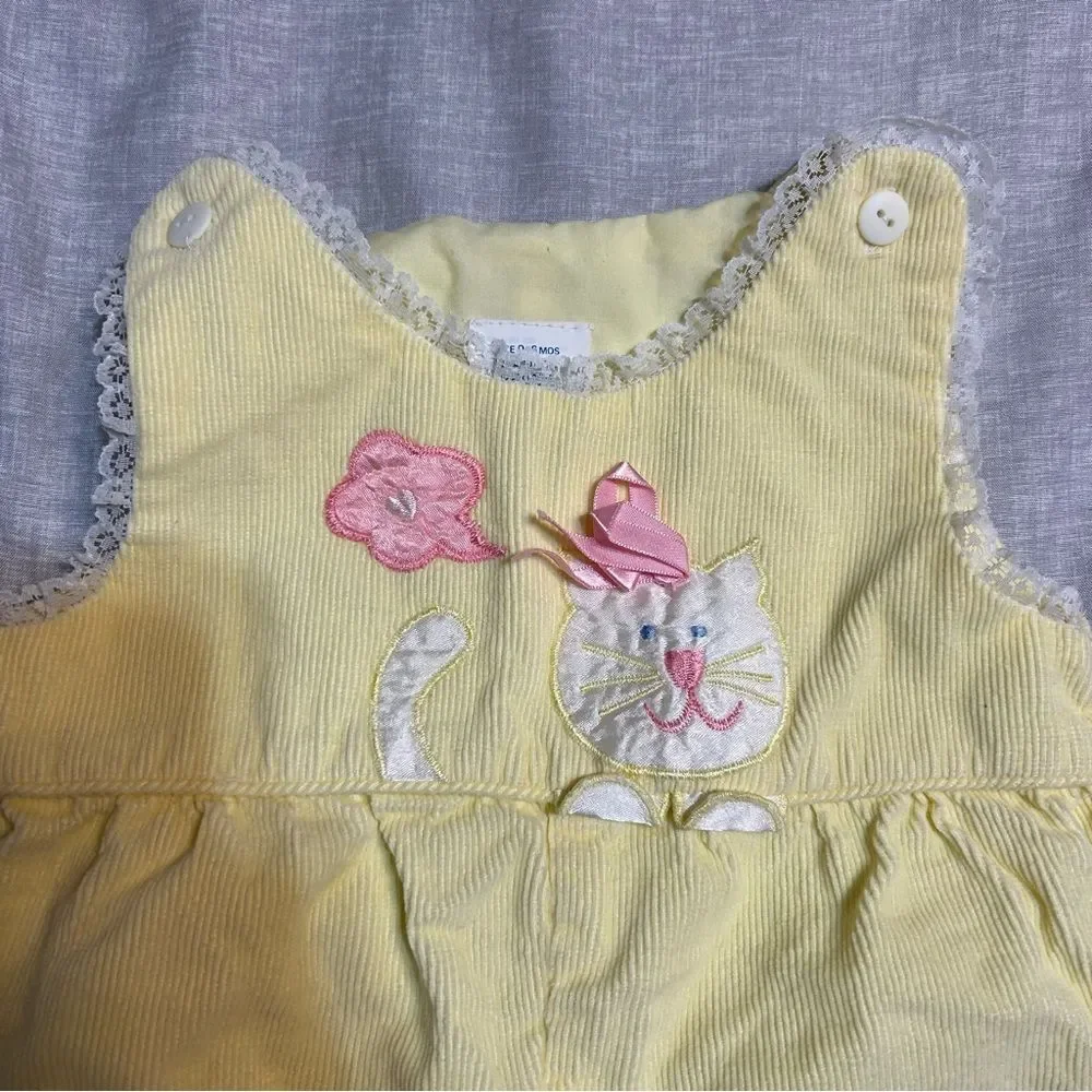 Vintage Baby Yellow Corduroy Cat Cotton One Piece Jumpsuit 0-6 Months